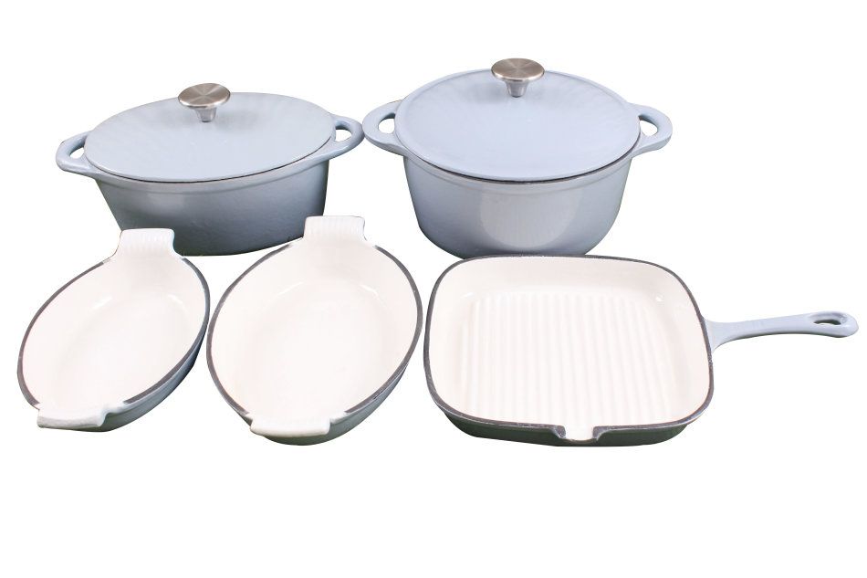 La Fermete 7 Piece Cast Iron Enamel Cookware Pot Set - Powder Blue