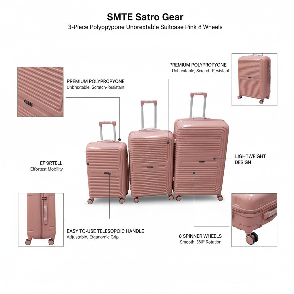 SMTE Satro Gear 3-Piece Polypropylene Unbreakable Suitcase Pink 8 Wheels