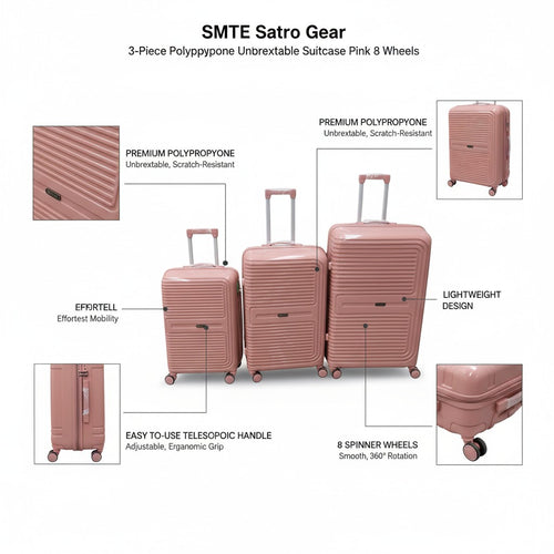 Sastro Gear 3-Piece PP Luggage Set - Pink Ribbed Frame