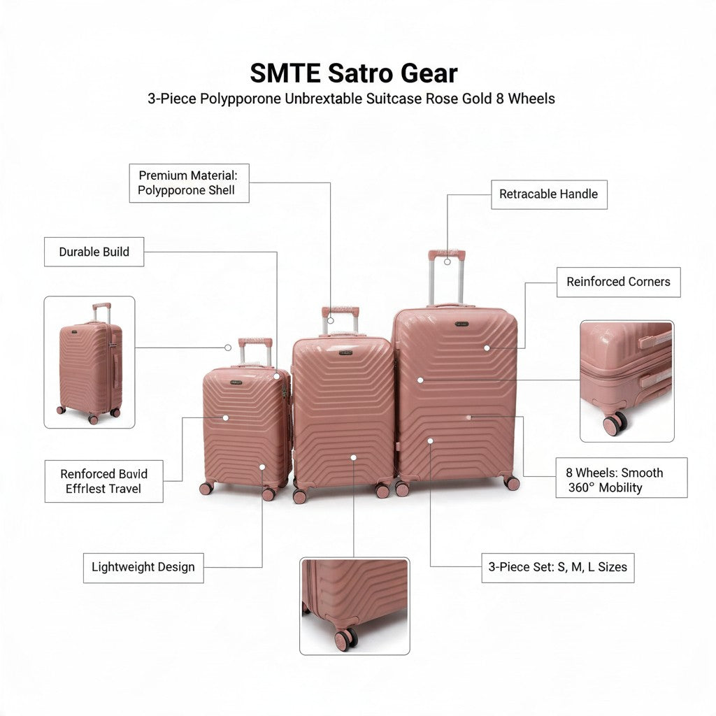 SMTE Satro Gear 3-Piece Polypropylene Unbreakable Suitcase Rose Gold 8 Wheels