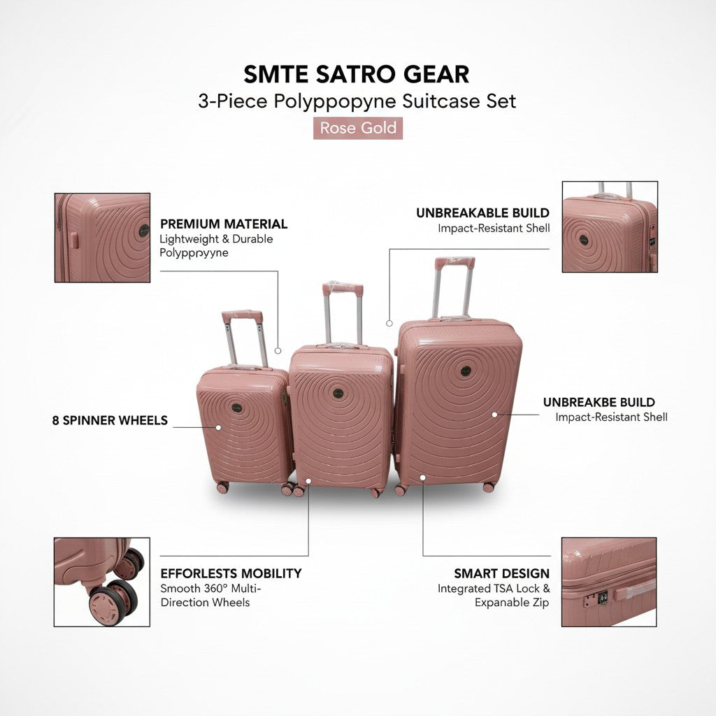 SMTE Satro Gear 3-Piece Polypropylene Unbreakable Suitcase Rose Gold 8 Wheels