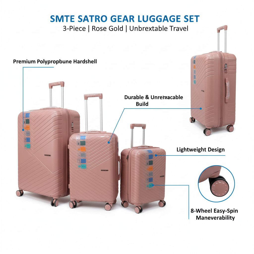 SMTE Satro Gear 3-Piece Polypropylene Unbreakable Suitcase Rose Gold 8 Wheels
