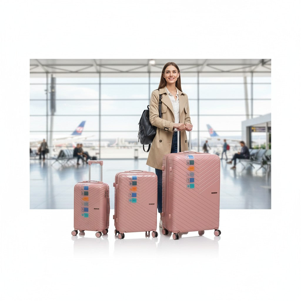 SMTE Satro Gear 3-Piece Polypropylene Unbreakable Suitcase Rose Gold 8 Wheels