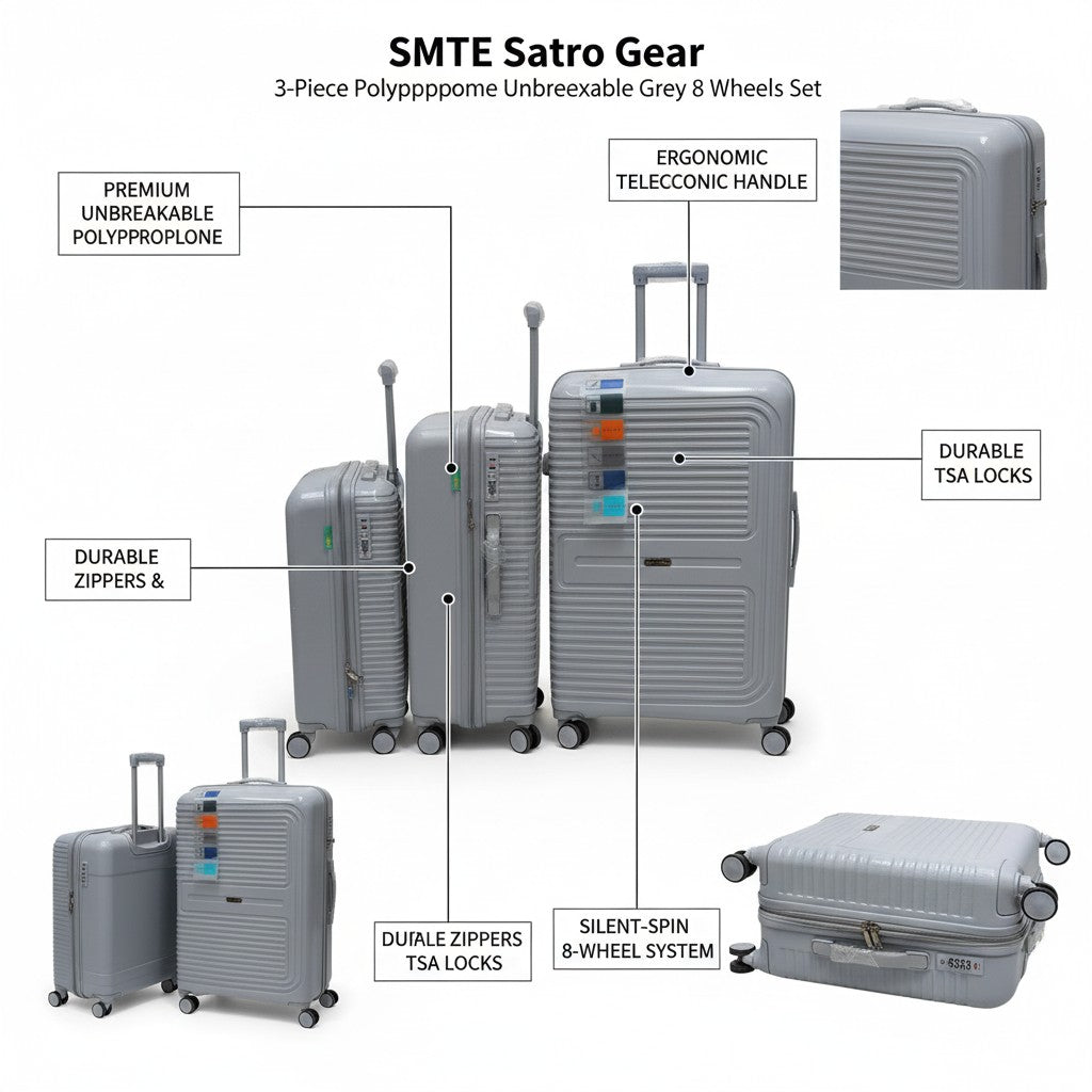 SMTE Satro Gear 3-Piece Polypropylene Unbreakable Suitcase Grey 8 Wheels