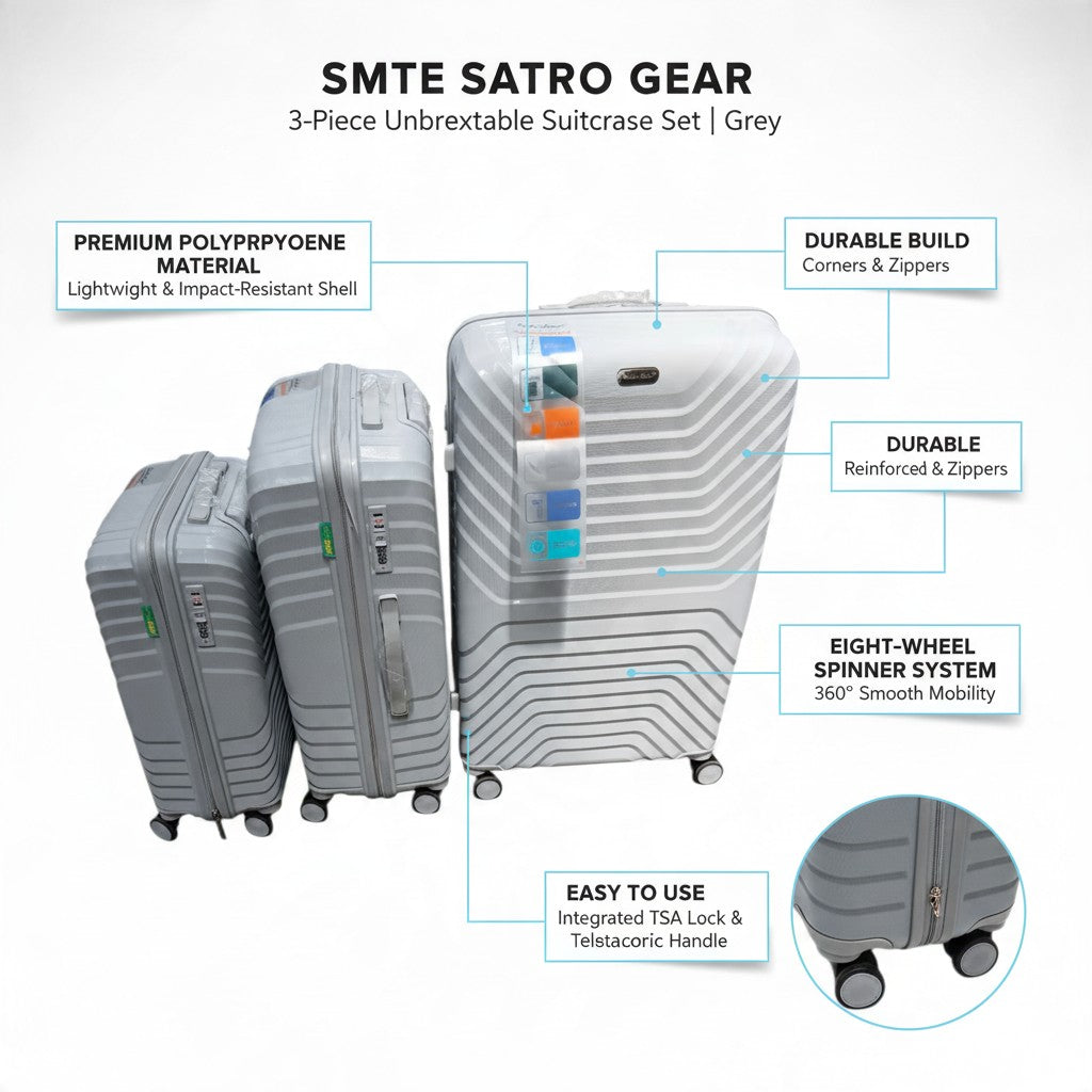 SMTE Satro Gear 3-Piece Polypropylene Unbreakable Suitcase Grey 8 Wheels
