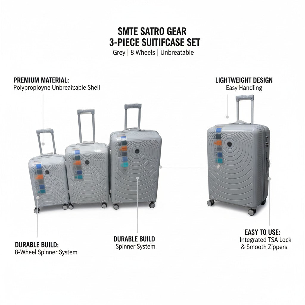 SMTE Satro Gear 3-Piece Polypropylene Unbreakable Suitcase Grey 8 Wheels