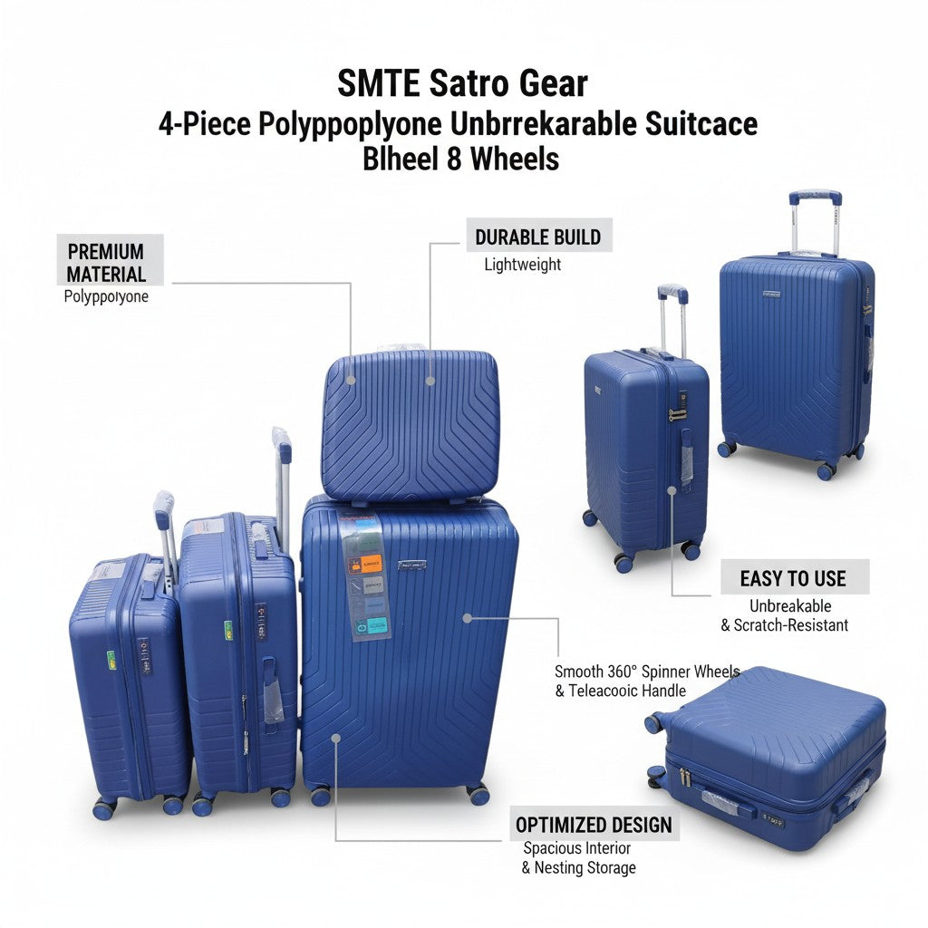 SMTE Satro Gear 4-Piece Polypropylene Unbreakable Suitcase Blue 8 Wheels