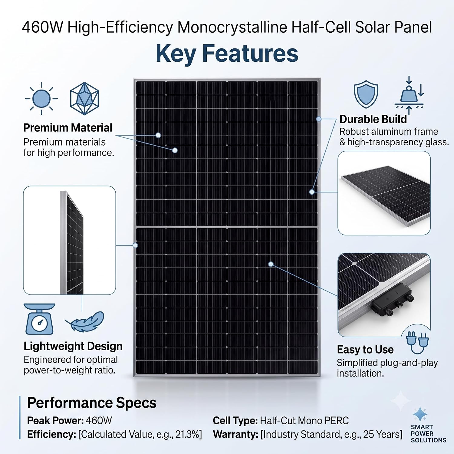 SMTE - 460W Monocrystalline Half-Cell Solar Panel - High Efficiency PV Module
