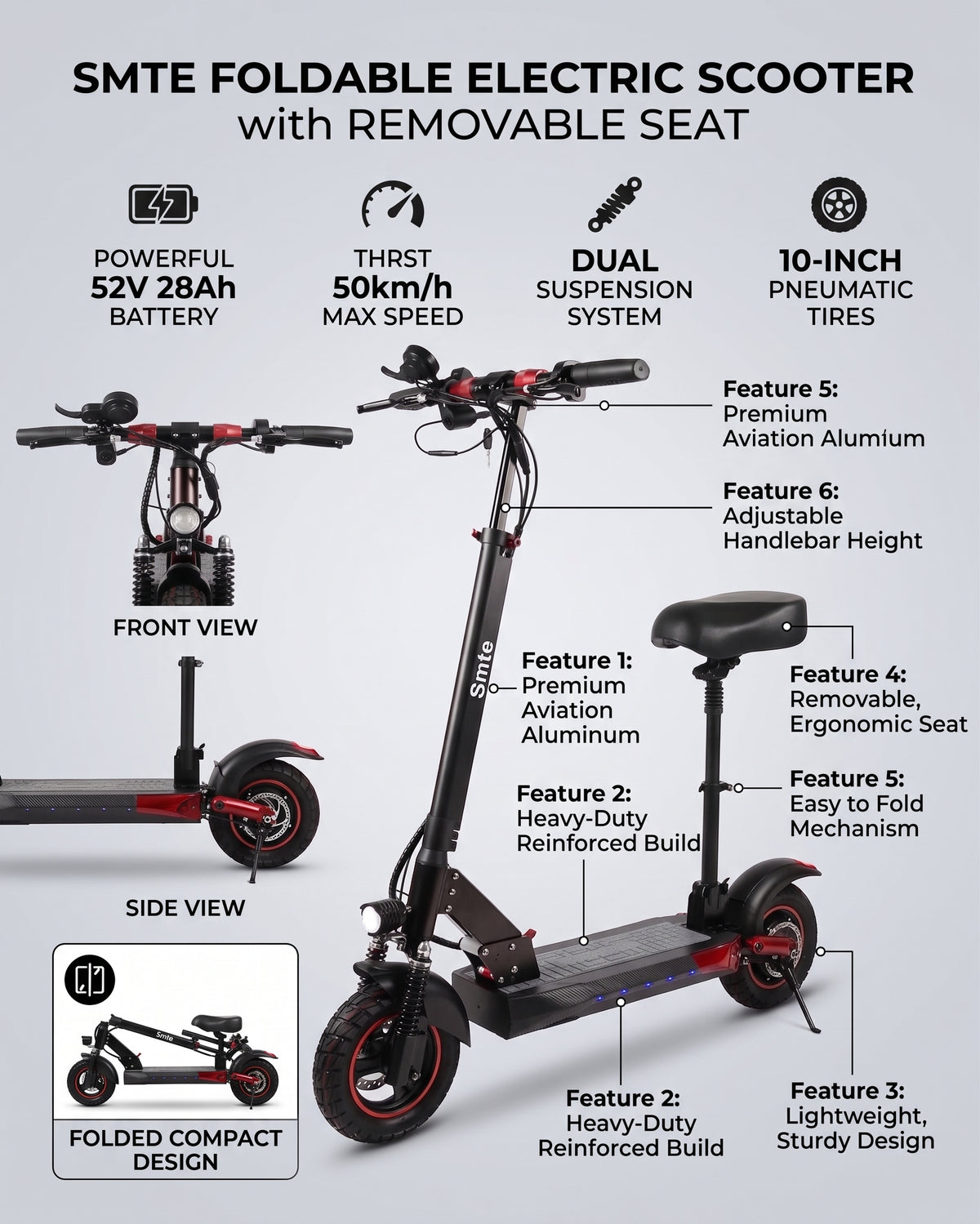 Smte Foldable Electric Scooter with Removable Seat – 52V 28Ah Battery, 50km/h Max Speed, Dual Suspension & 10-Inch Pneumatic Tires