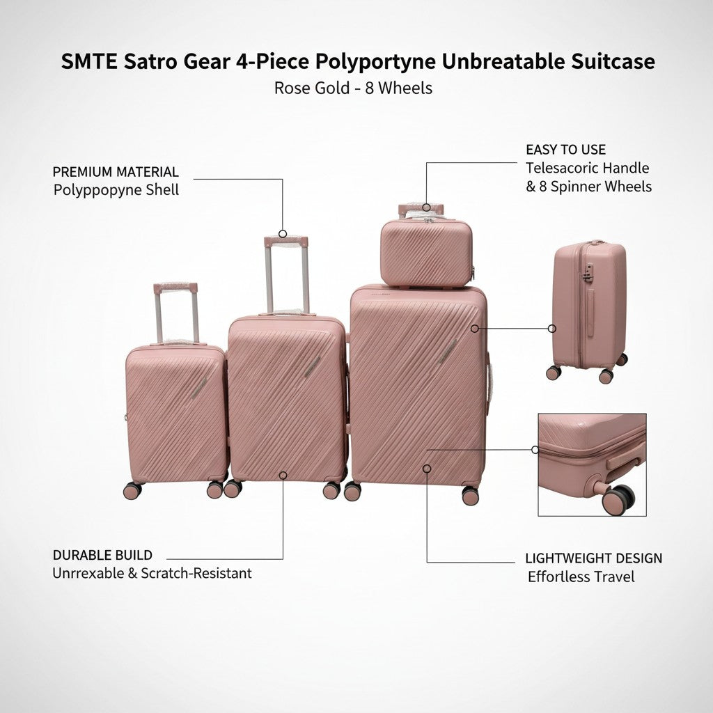 SMTE Satro Gear 4-Piece Polypropylene Unbreakable Suitcase Rose Gold 8 Wheels