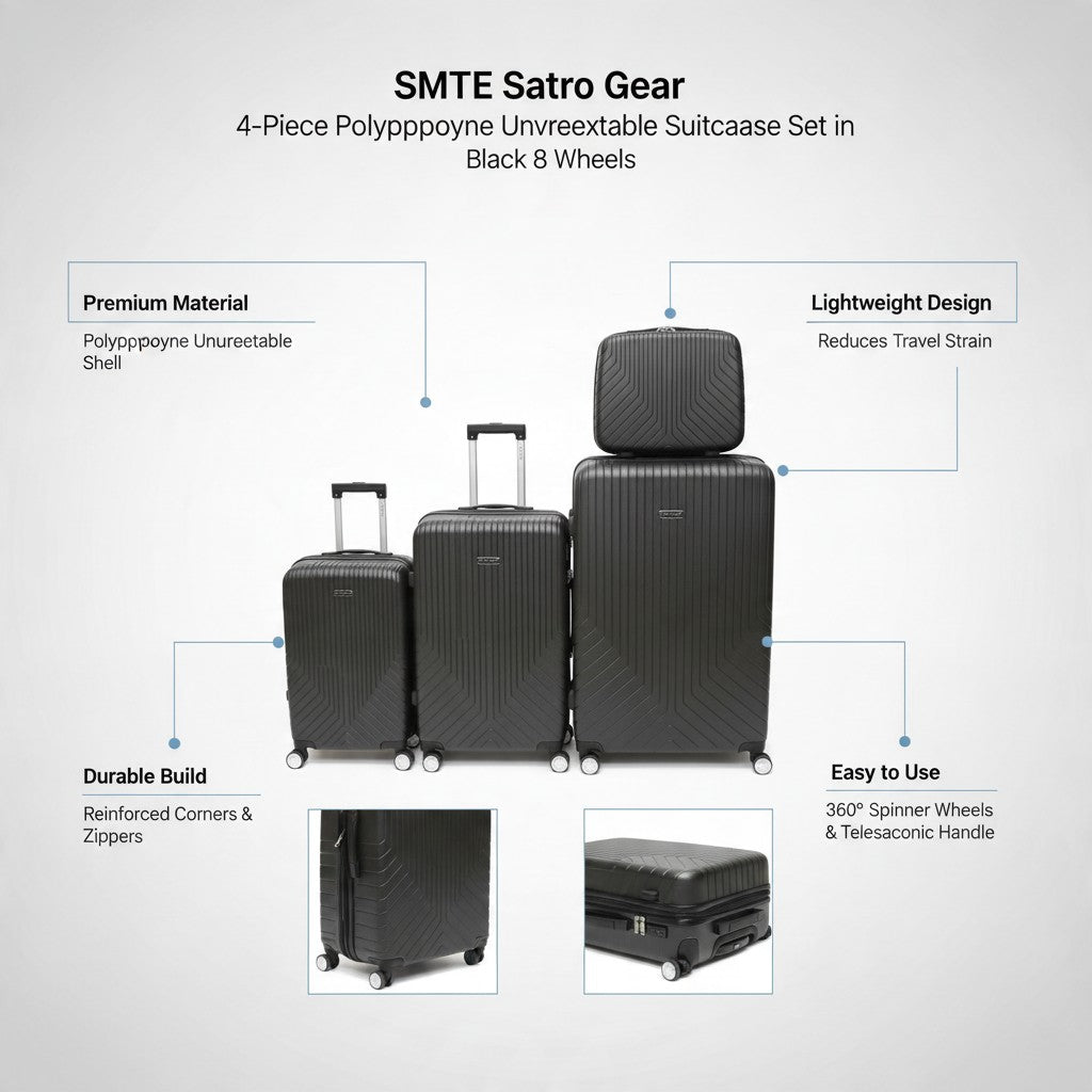 SMTE Satro Gear 4-Piece Polypropylene Unbreakable Suitcase Black 8 Wheels