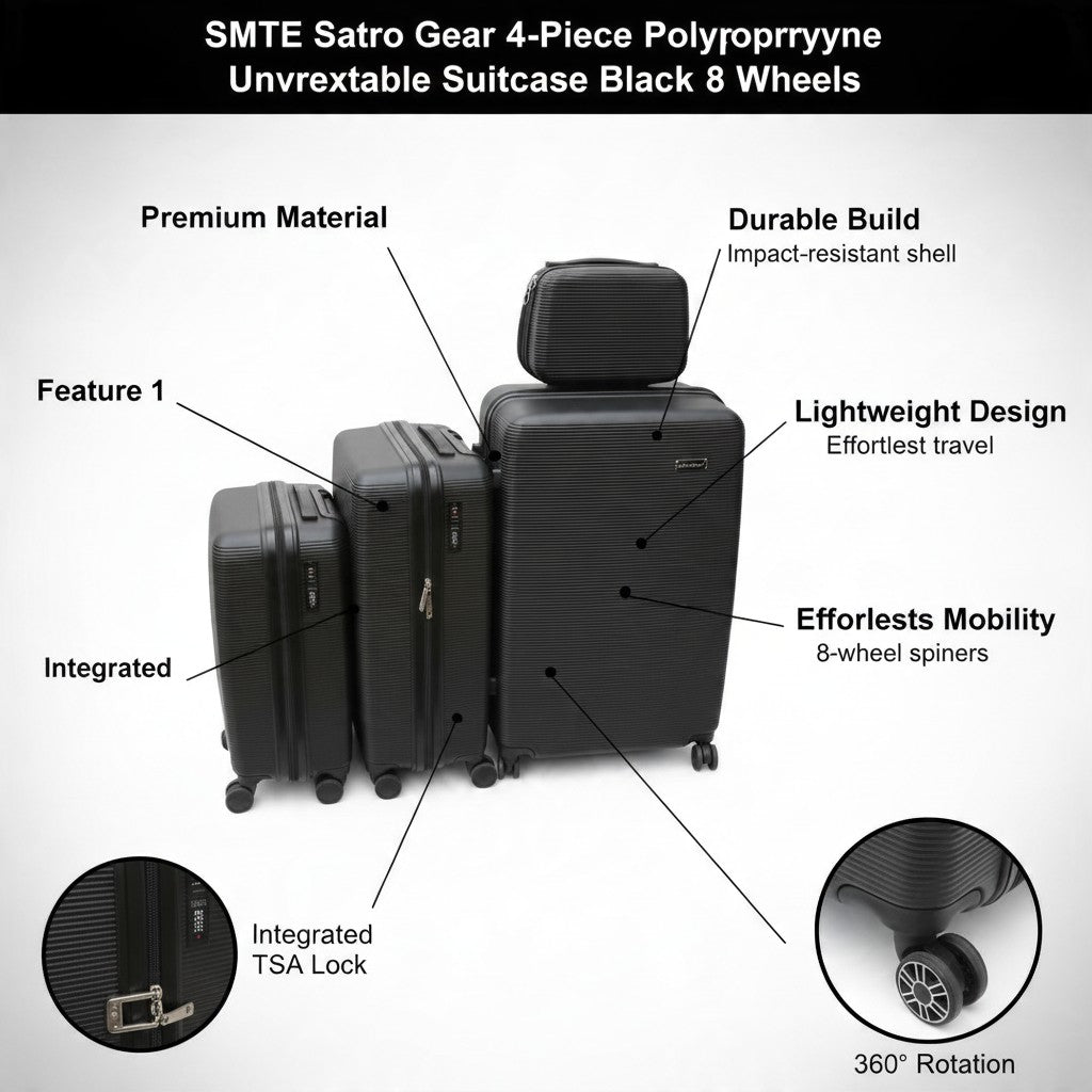 SMTE Satro Gear 4-Piece Polypropylene Unbreakable Suitcase Black 8 Wheels