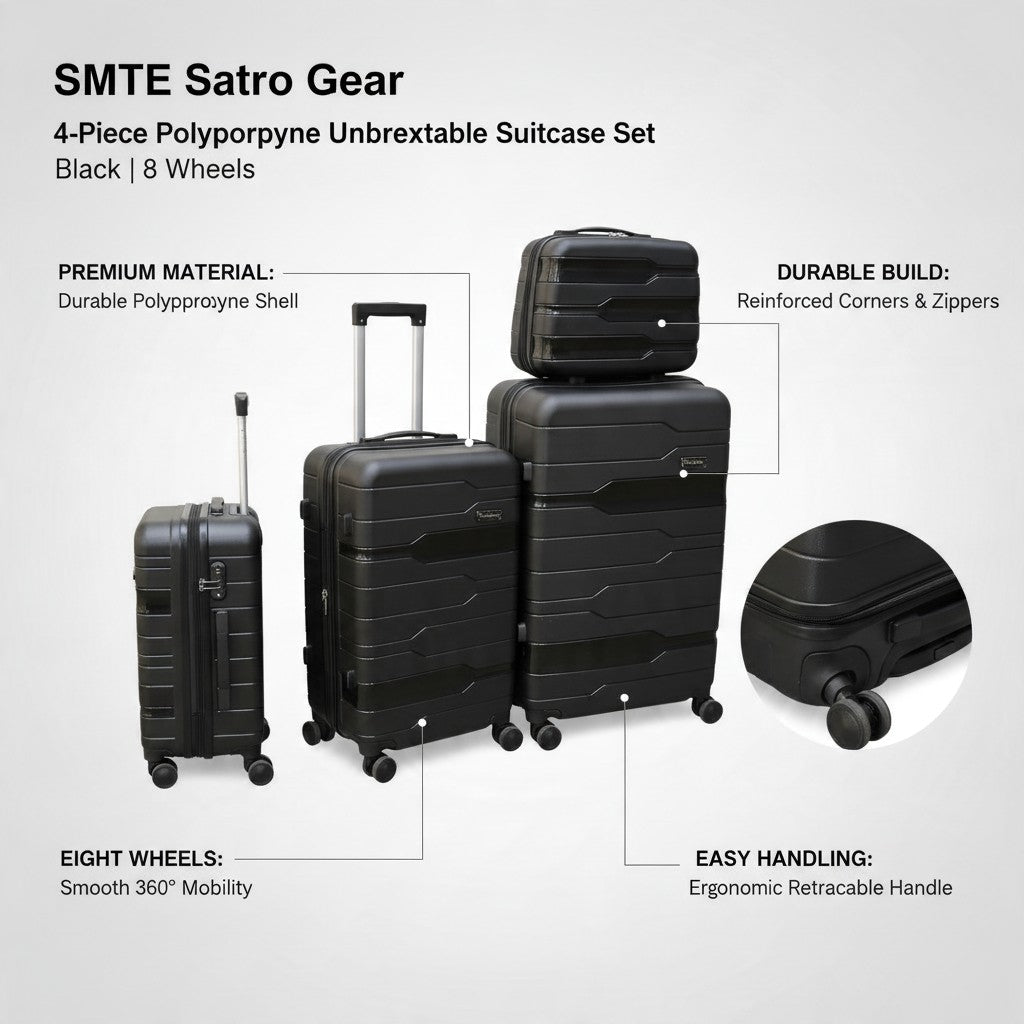 SMTE Sastro Gear 4-Piece Polypropylene Unbreakable Suitcase Black 8 Wheels