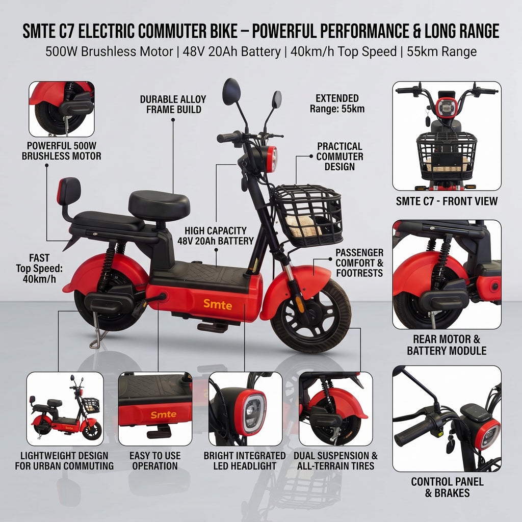 Smte C7 Electric Commuter Bike – 500W Brushless Motor, 48V 20Ah Battery, 40km/h Top Speed & 55km Range