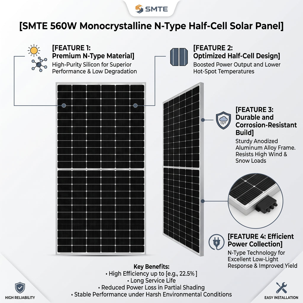 SMTE 560W Monocrystalline N-Type Half-Cell Solar Panel