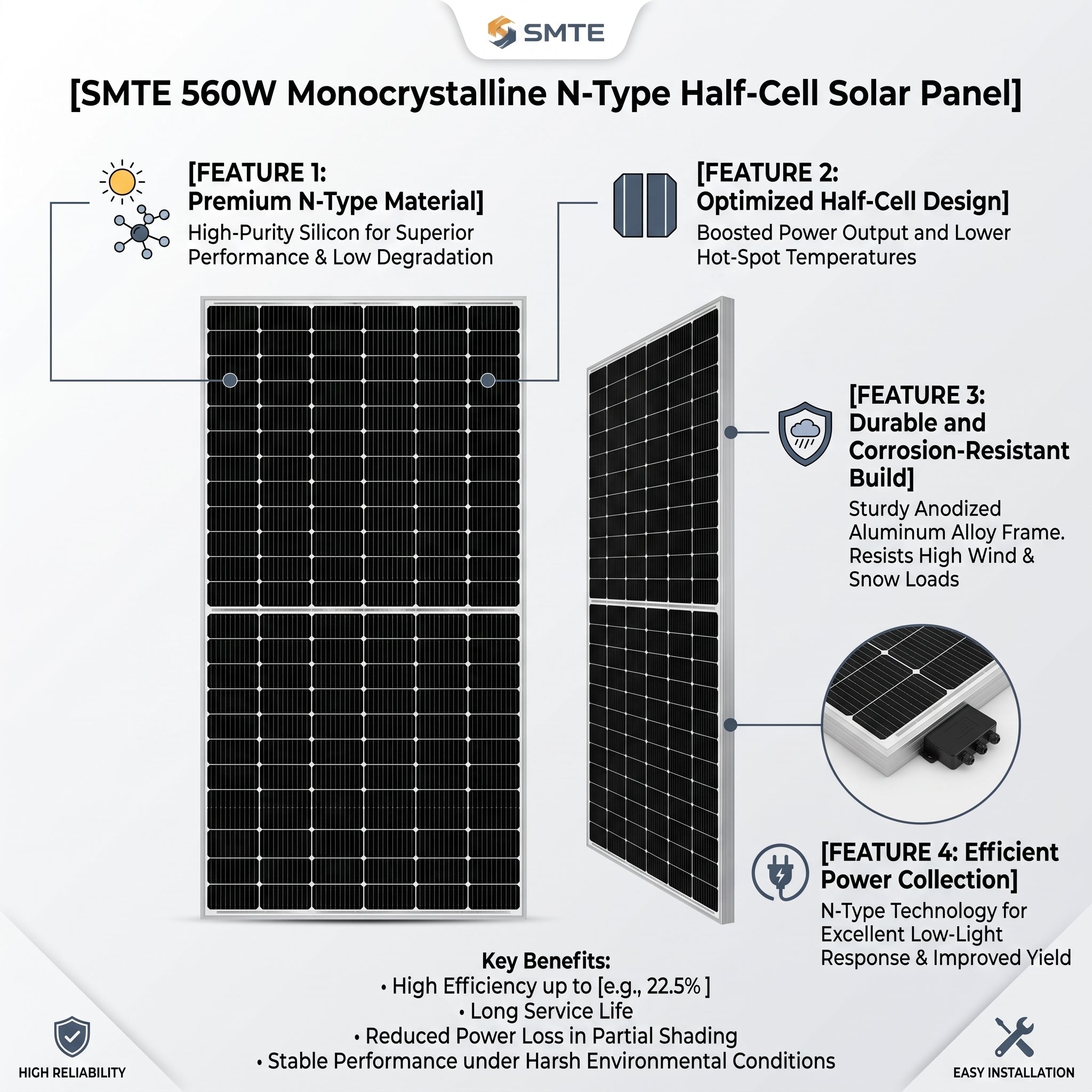 SMTE 560W Monocrystalline N-Type Half-Cell Solar Panel