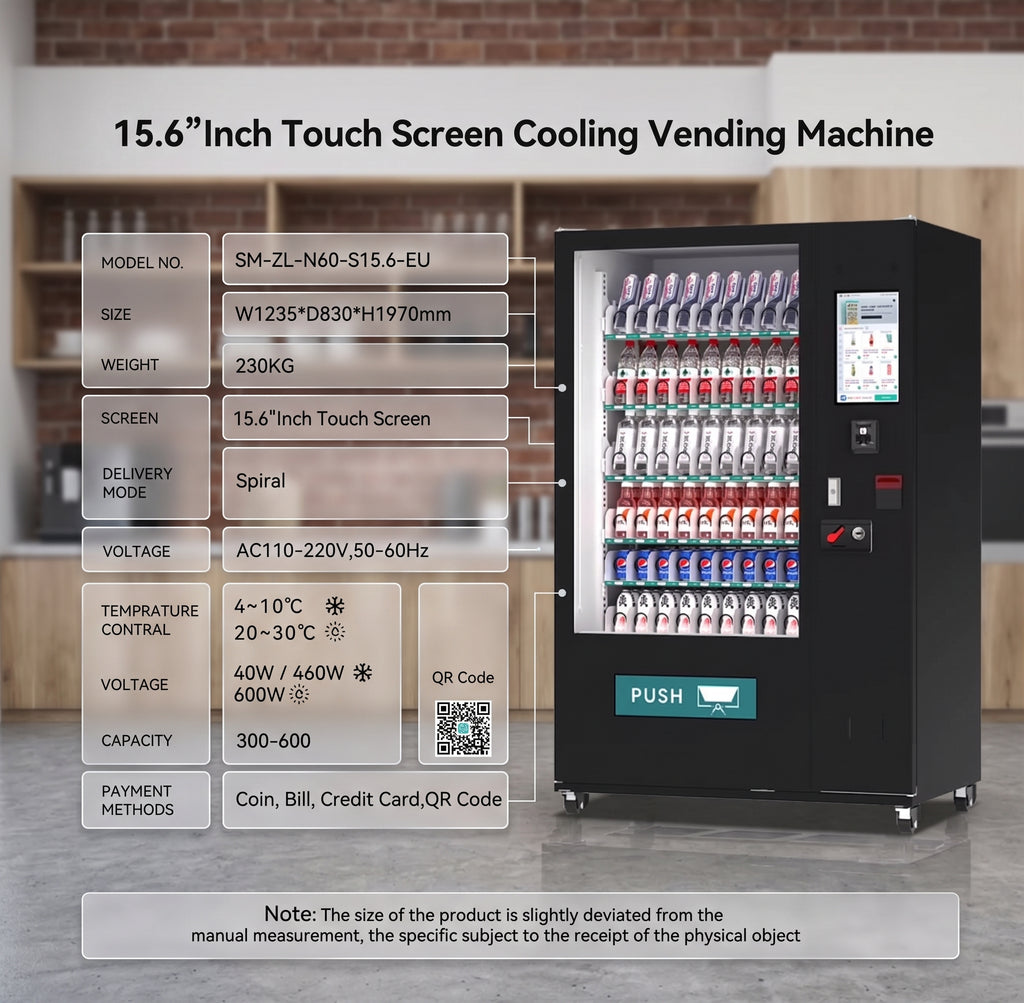 SMTE- Commercial Smart Vending Machine with 15.6″ Touchscreen – Cooling, Cash & Card Payment | Pre-Order