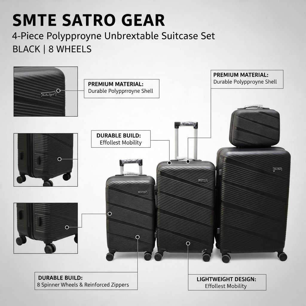 Sastro Gear 4-Piece PP Luggage Set - Black Diagonal Bands