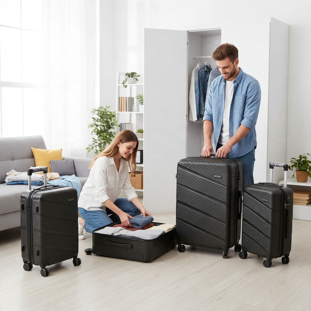 Sastro Gear 4-Piece PP Luggage Set - Black Diagonal Bands
