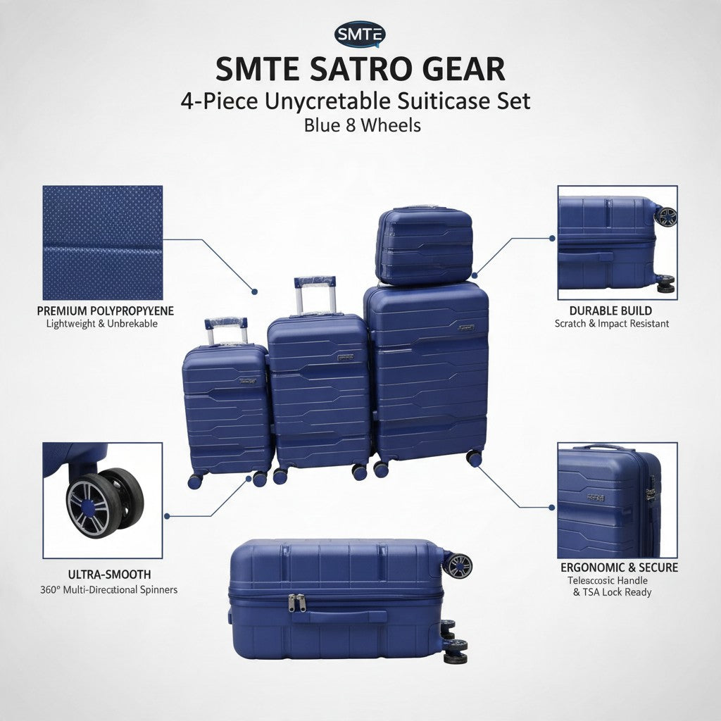 SMTE Satro Gear 4-Piece Polypropylene Unbreakable Suitcase Blue 8 Wheels