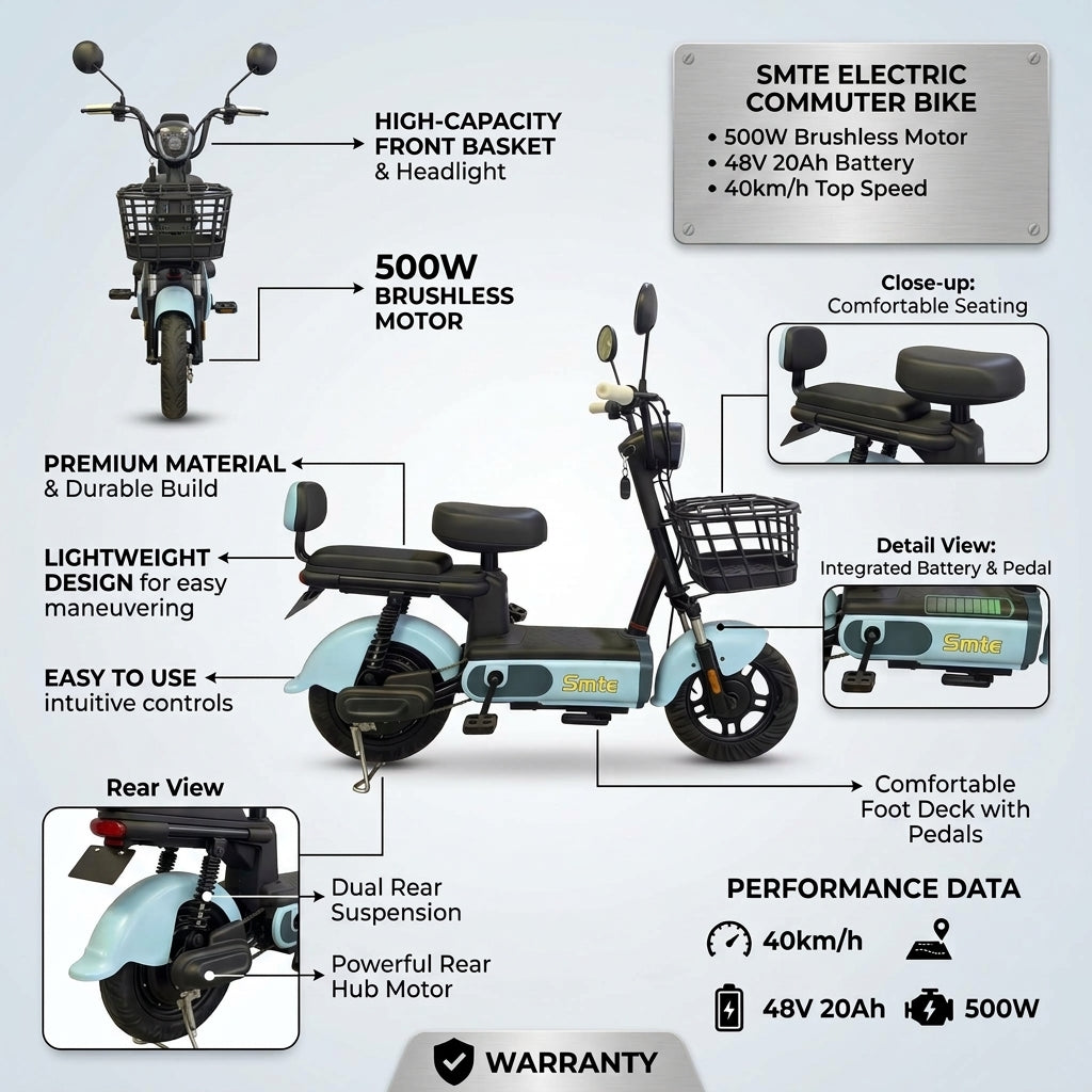 Smte Electric Commuter Bike – 500W Brushless Motor, 48V 20Ah Battery, 40km/h Top Speed