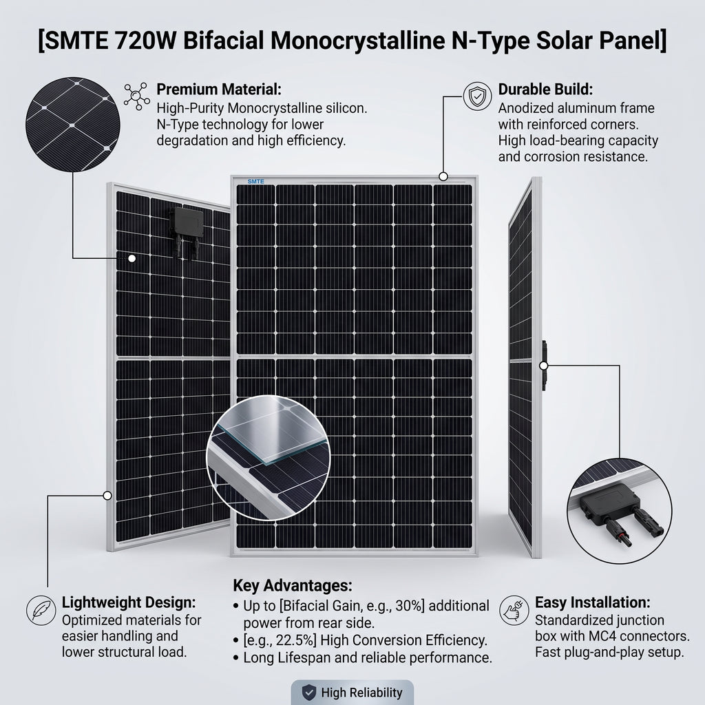 SMTE 720W Bifacial Monocrystalline N-Type Solar Panel