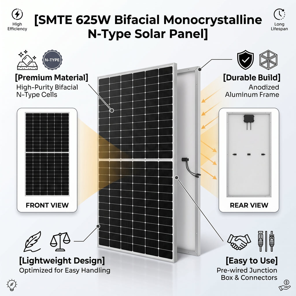 SMTE 625W Bifacial Monocrystalline N-Type Solar Panel