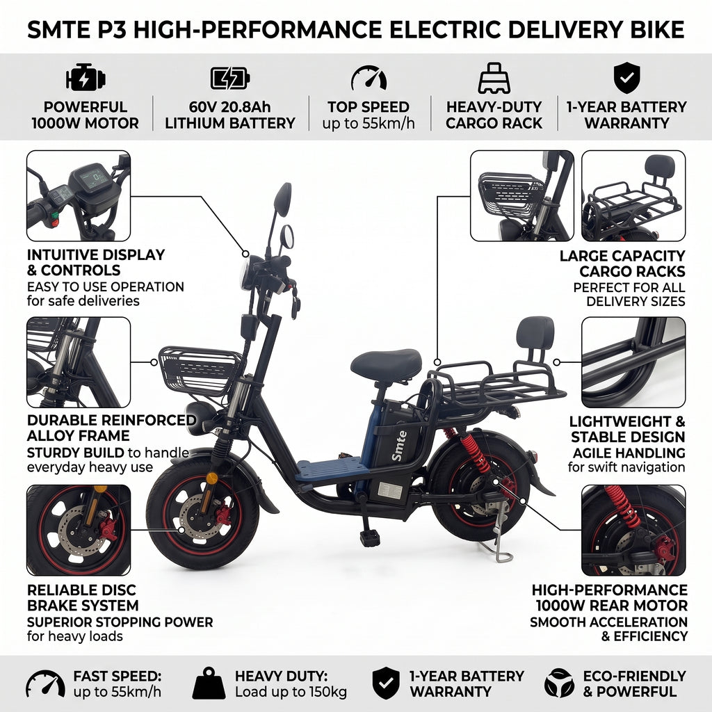 Smte P3 High-Performance Electric Delivery Bike – 1000W Motor, 60V 20.8Ah Lithium Battery, 55km/h Speed, Heavy-Duty Cargo Rack & 1-Year Battery Warranty