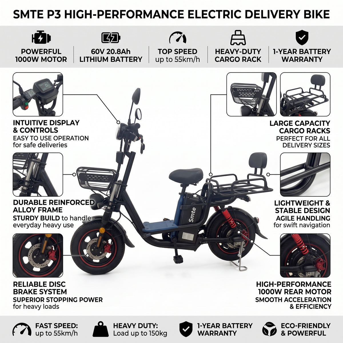 Smte P3 High-Performance Electric Delivery Bike – 1000W Motor, 60V 20.8Ah Lithium Battery, 55km/h Speed, Heavy-Duty Cargo Rack & 1-Year Battery Warranty