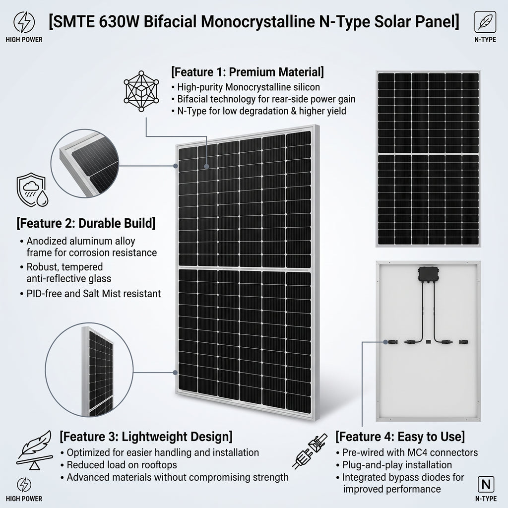 SMTE 630W Bifacial Monocrystalline N-Type Solar Panel
