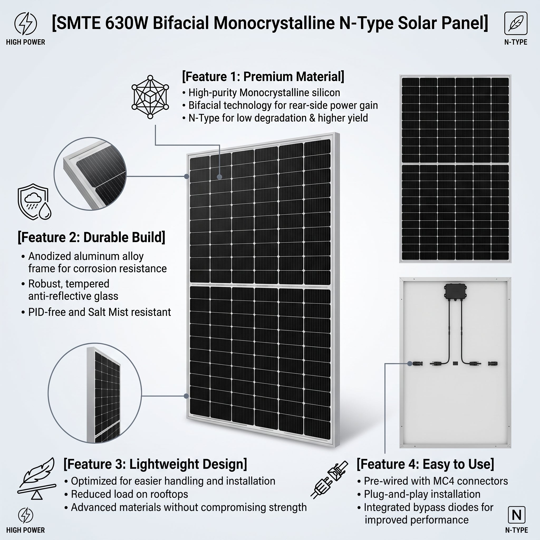 SMTE 630W Bifacial Monocrystalline N-Type Solar Panel
