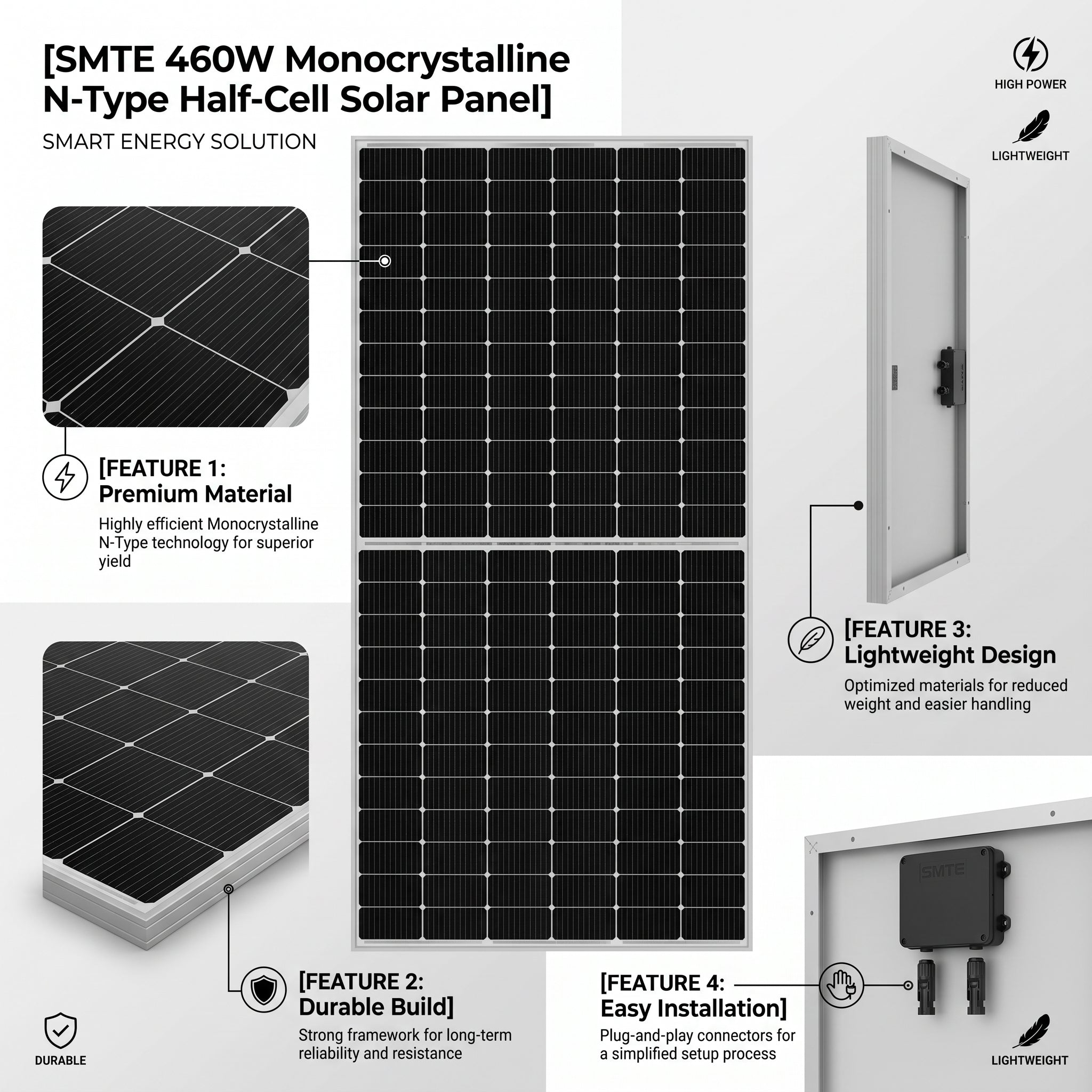 SMTE 460W Monocrystalline N-Type Half-Cell Solar Panel