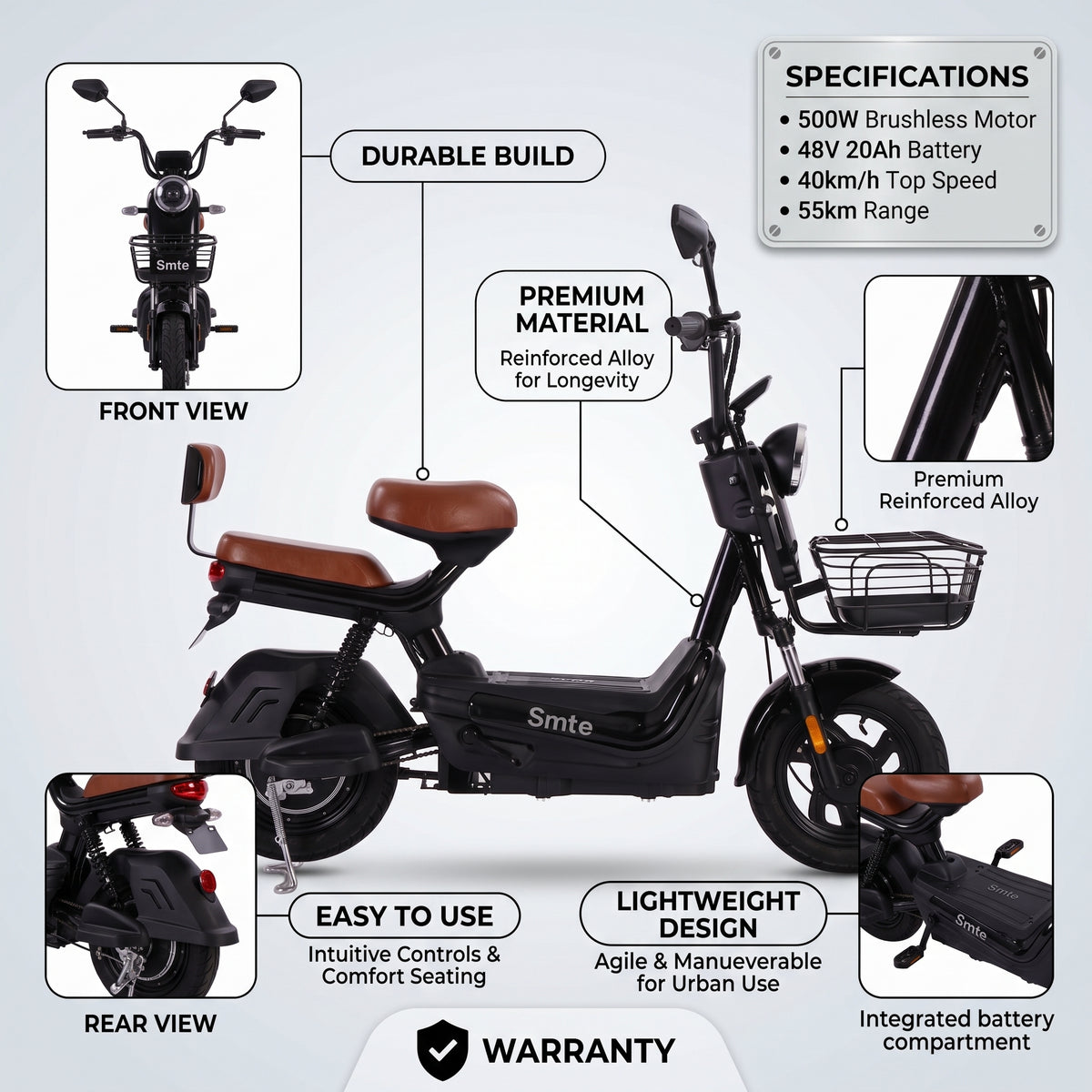 Smte C7 Electric Commuter Bike – 500W Brushless Motor, 48V 20Ah Battery, 40km/h Top Speed & 55km Range