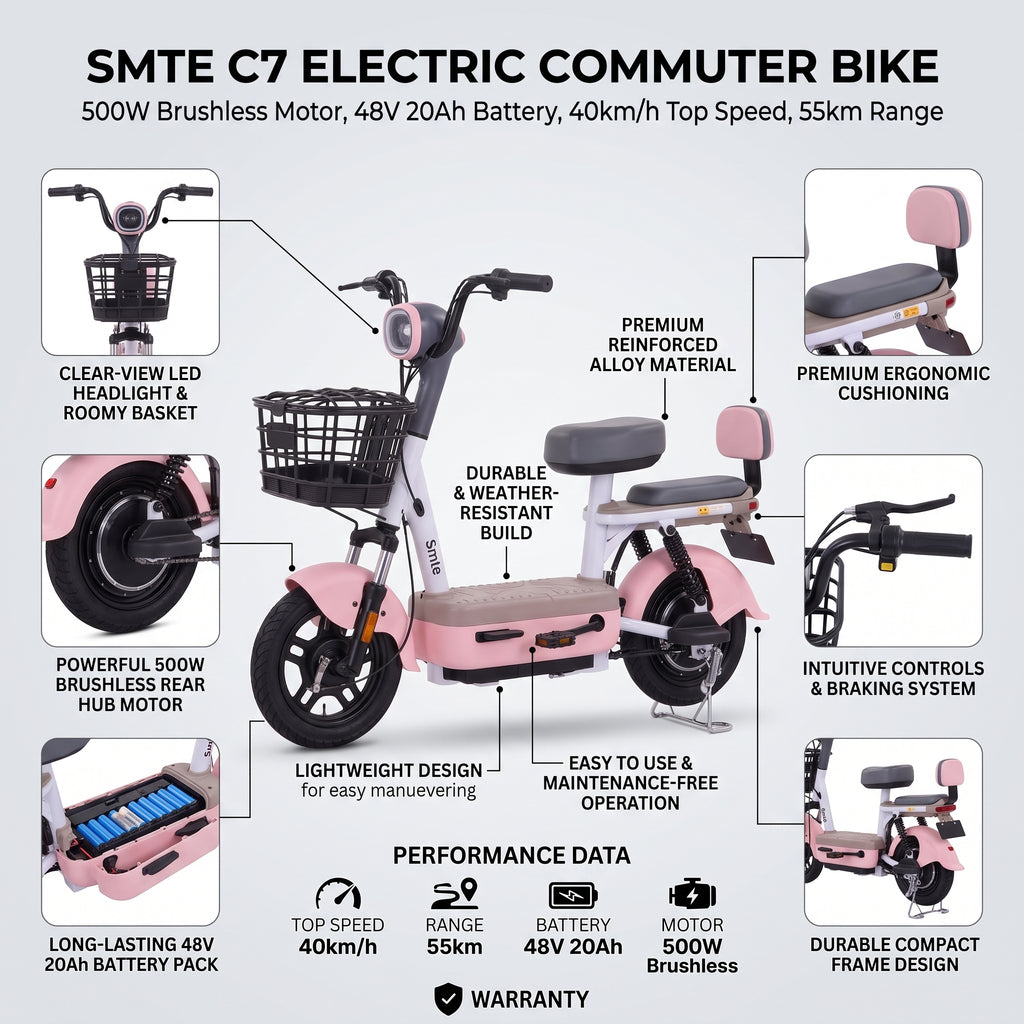 Smte C7 Electric Commuter Bike – 500W Brushless Motor, 48V 20Ah Battery, 40km/h Top Speed & 55km Range