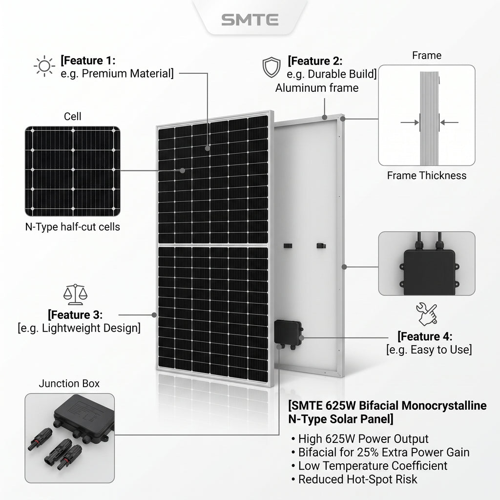 SMTE 625W Bifacial Monocrystalline N-Type Solar Panel