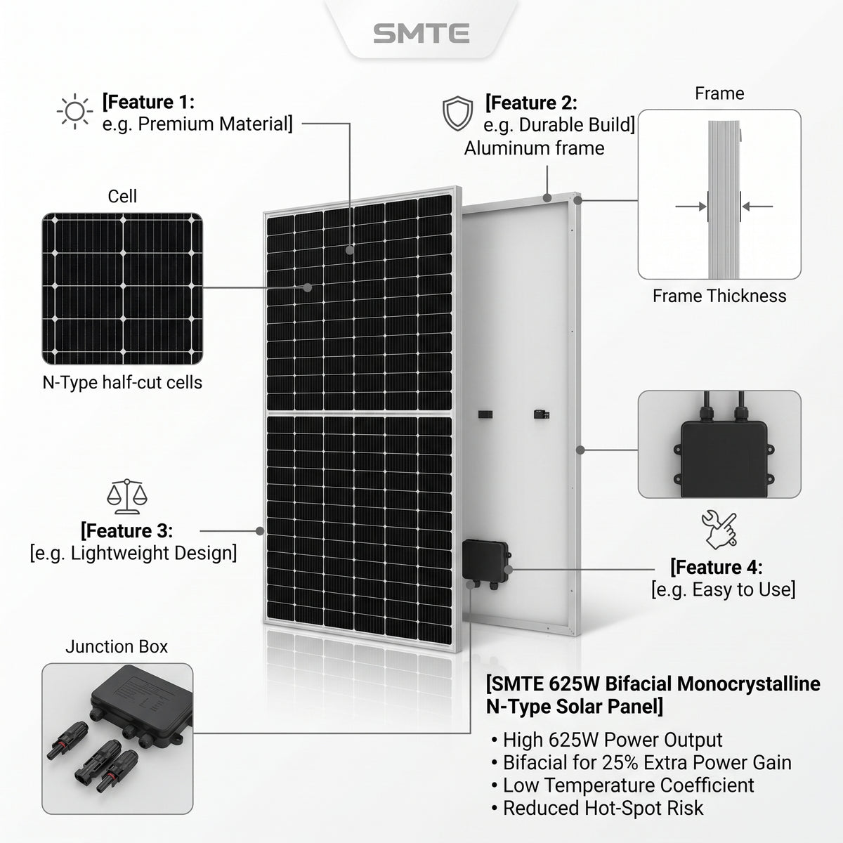 SMTE 625W Bifacial Monocrystalline N-Type Solar Panel