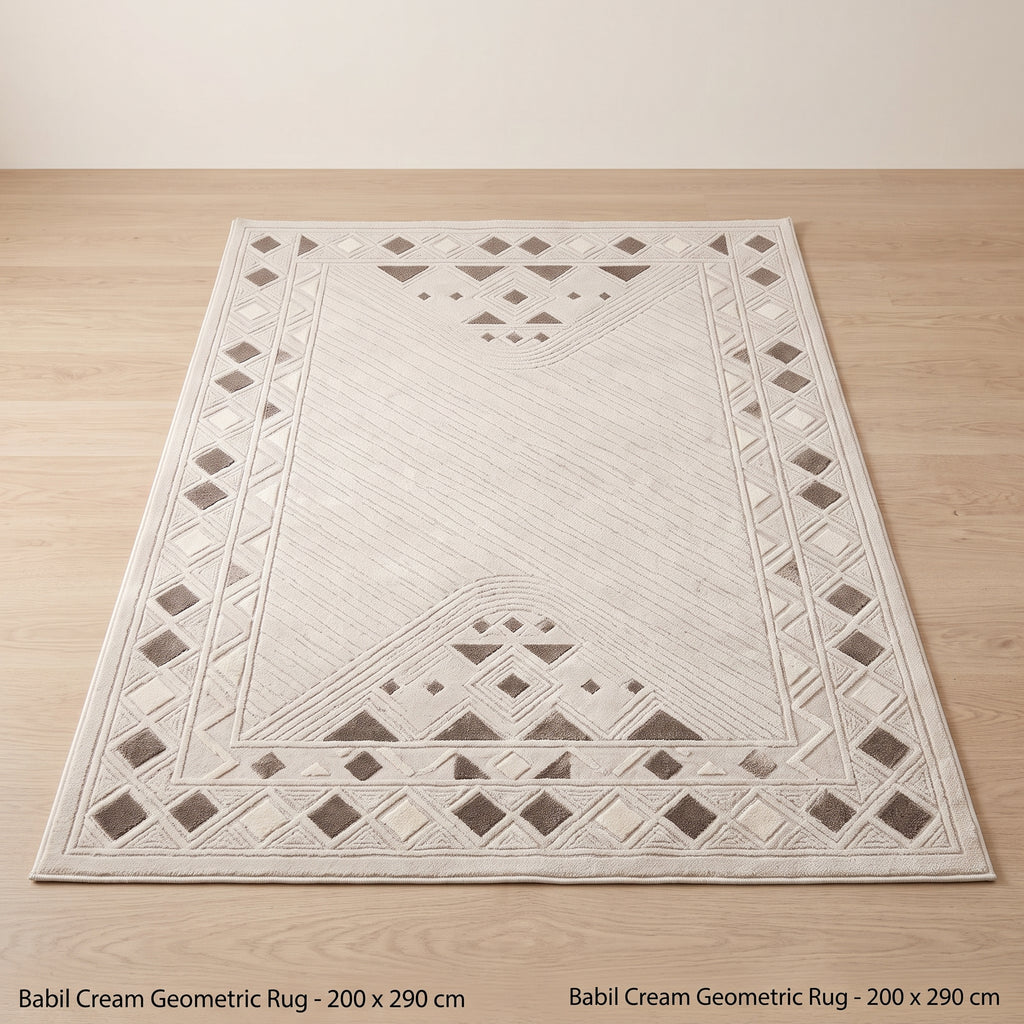 SMTE - Cream Geometric Rug - 200 x 290 cm Modern Area Carpet