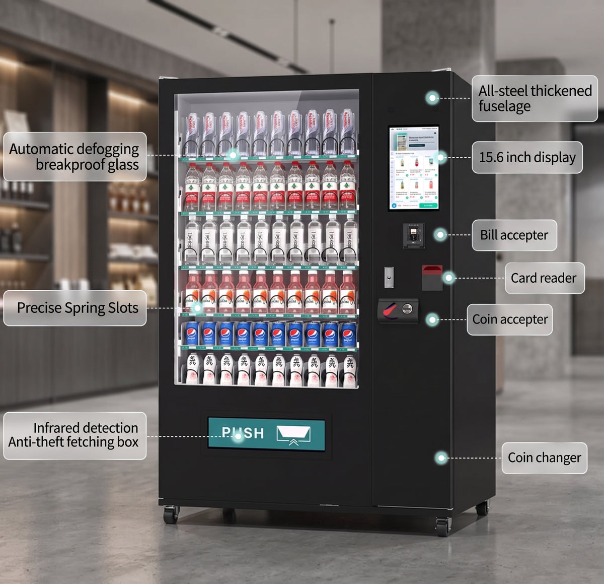 SMTE- Commercial Smart Vending Machine with 15.6″ Touchscreen – Cooling, Cash & Card Payment | Pre-Order