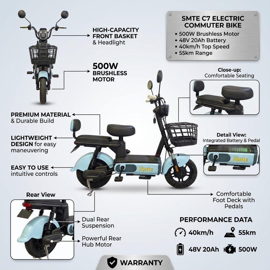 Smte C7 Electric Commuter Bike – 500W Brushless Motor, 48V 20Ah Battery, 40km/h Top Speed & 55km Range