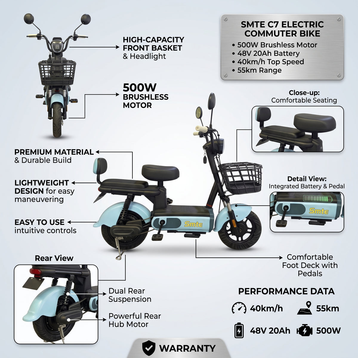Smte C7 Electric Commuter Bike – 500W Brushless Motor, 48V 20Ah Battery, 40km/h Top Speed & 55km Range