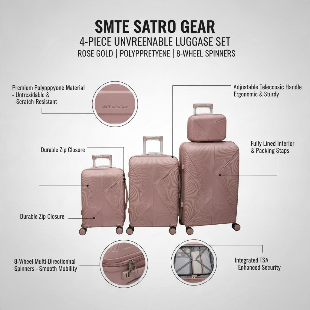SMTE Satro Gear 4-Piece Polypropylene Unbreakable Suitcase Rose Gold 8 Wheels