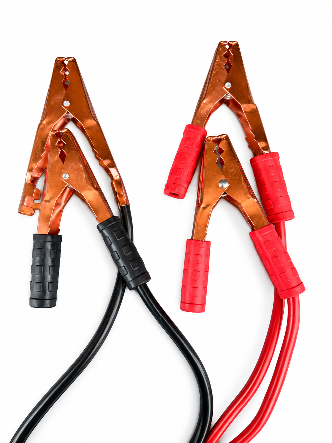 Close-up of the four red and black jumper cable clamps