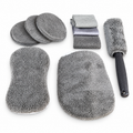 Nine-piece grey microfibre car wash kit laid out on a white background