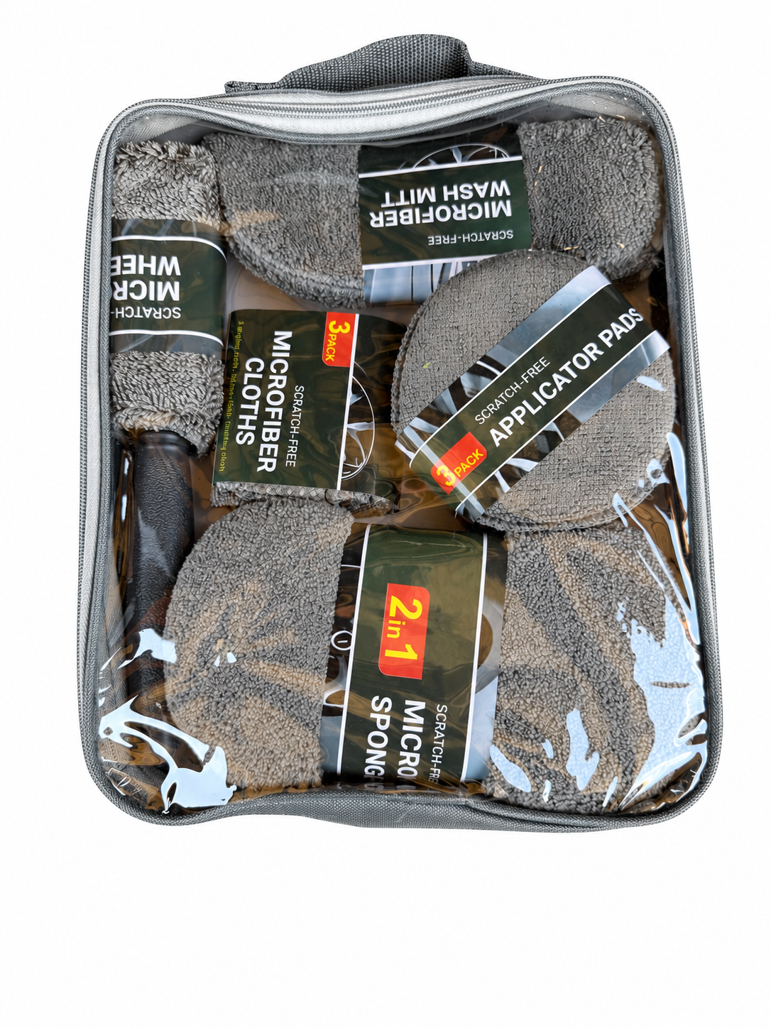 Grey microfibre car wash kit packed in its transparent zip carry case