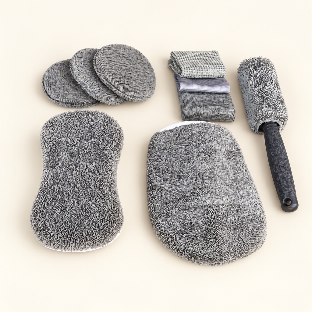 SMTE nine-piece grey car wash kit on an ivory background