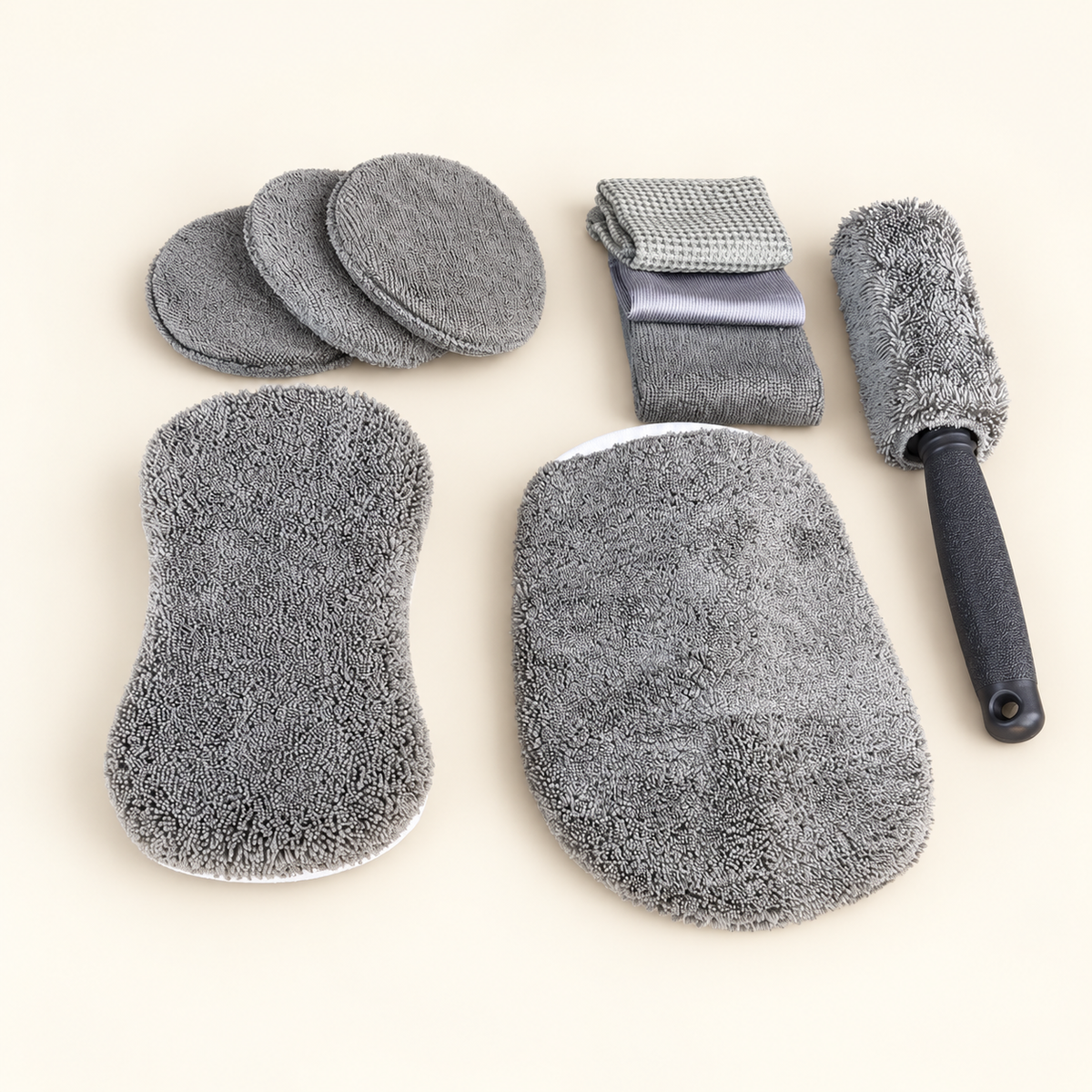 SMTE nine-piece grey car wash kit on an ivory background