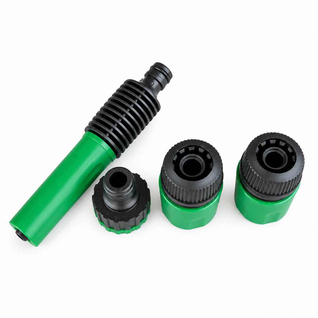 SMTE four-piece green and black garden hose spray nozzle and connector set