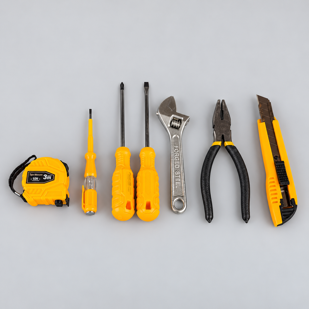 SMTE seven-piece hand tool set with tape measure, screwdrivers, wrench, pliers and utility knife