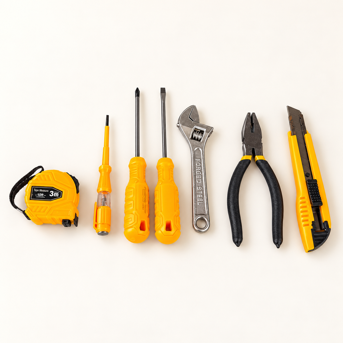 SMTE seven-piece hand tool set with tape measure, screwdrivers, wrench, pliers and utility knife