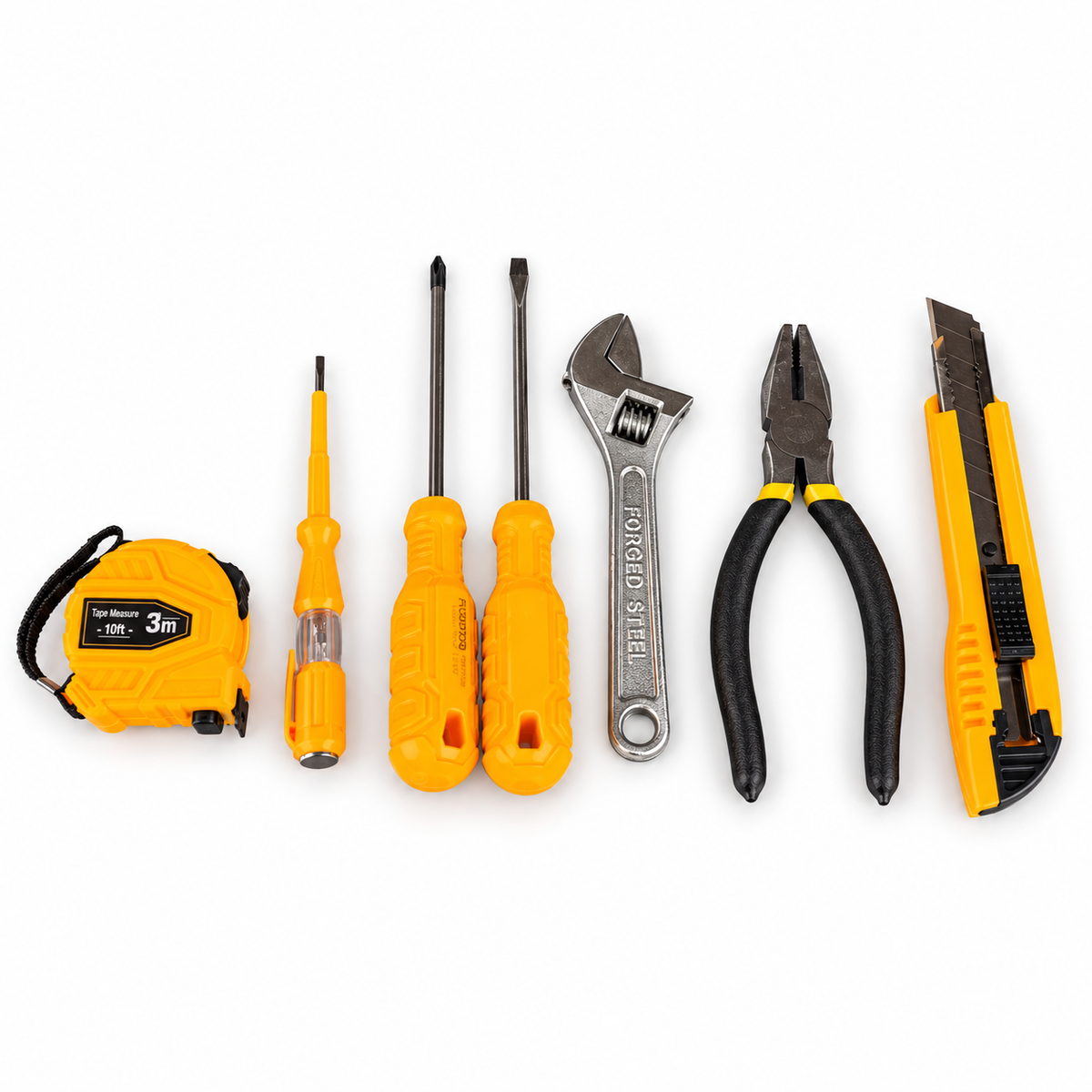 SMTE seven-piece hand tool set with tape measure, screwdrivers, wrench, pliers and utility knife